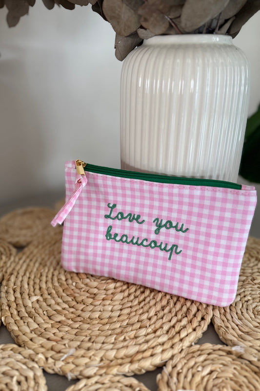 Pochette vichy LOVE YOU BEAUCOUP rose
