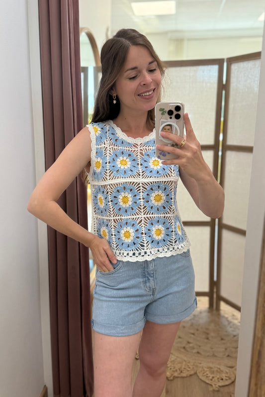 Top crochet bleu
