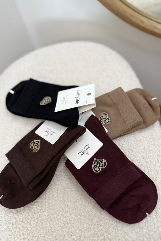 Chaussettes coeur léopard unie marron
