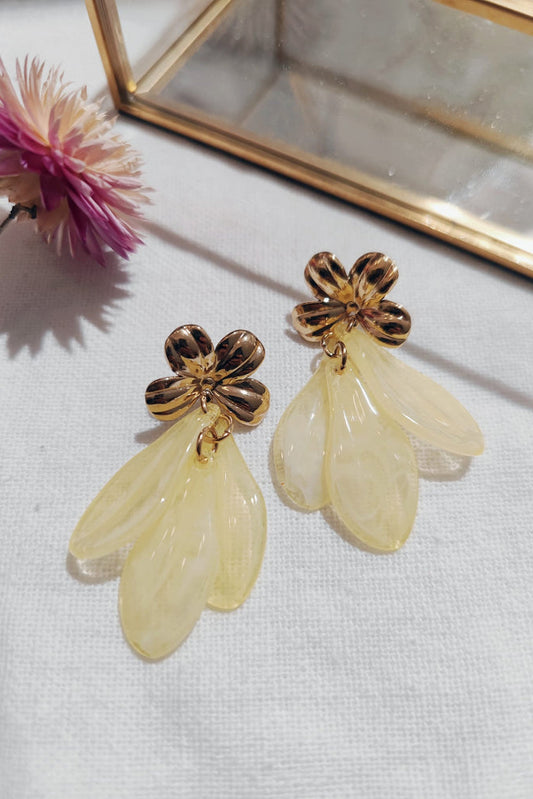 Boucle d'oreille fleur pendente jaune
